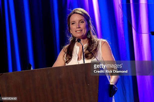 Rev. Becca Stevens accepts the Lifetime Humanitarian Award at the T.J. Martell Foundation's 7th Annual Nashville Honors Gala at Omni Hotel Downtown...