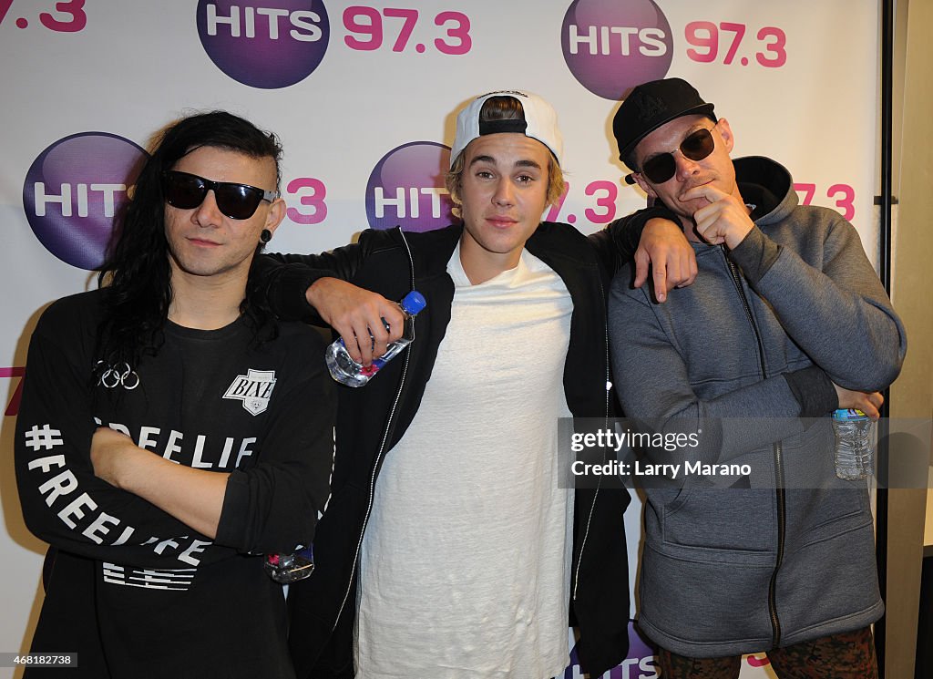 Justin Bieber And Skrillex Visit Hits 97.3 Radio Station