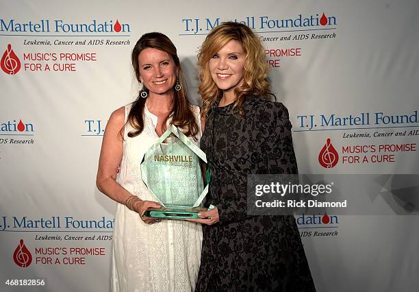 Rev. Becca Stevens accepts the Lifetime Humanitarian Award along with Alison Krauss at the T.J. Martell Foundation's 7th Annual Nashville Honors Gala...