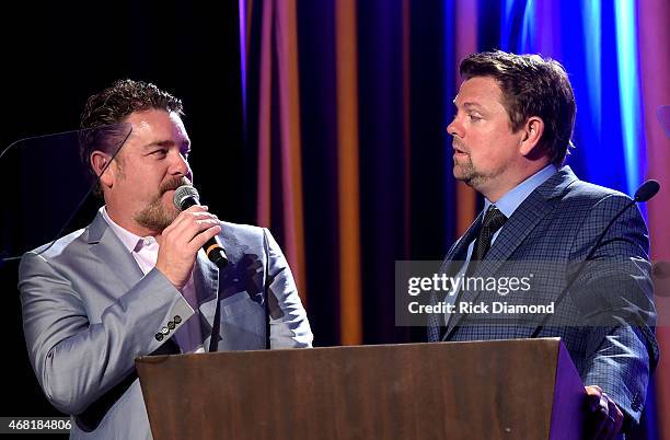 S Rob Beckham and Storme Warren speak at the T.J. Martell Foundation's 7th Annual Nashville Honors Gala at Omni Hotel Downtown on March 30, 2015 in...