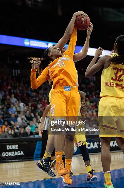 Bashaara Graves of the Tennessee Lady Vols battles for the ball against the Maryland Terrapins during the 2015 NCAA Division I Women's Basketball...