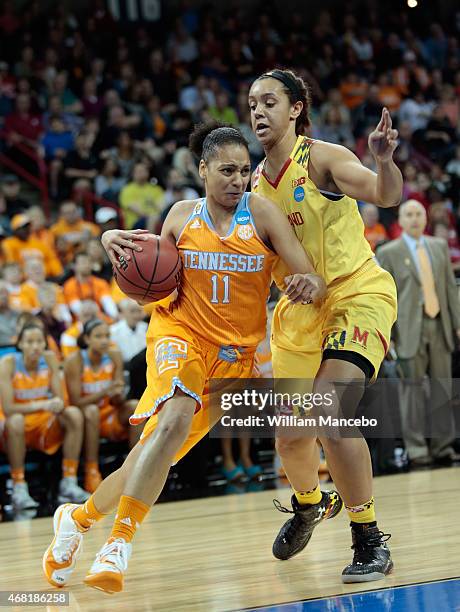 Cierra Burdick of the Tennessee Lady Vols drives against defender Brionna Jones of the Maryland Terrapins during the 2015 NCAA Division I Women's...