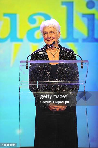 National PFLAG President Jean Hodges speaks onstage at the 7th Annual PFLAG National Straight For Equality Awards Gala at The New York Marriott...