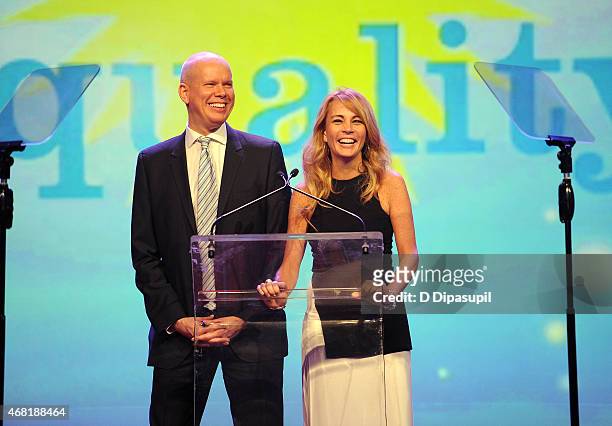 James White and Patsy Doerr speak onstage at the 7th Annual PFLAG National Straight For Equality Awards Gala at The New York Marriott Marquis on...