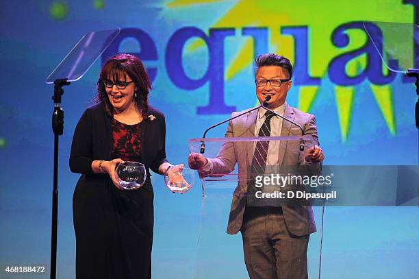 Jean-Marie Navetta and actor Alec Mapa speak onstage at the 7th Annual PFLAG National Straight For Equality Awards Gala at The New York Marriott...