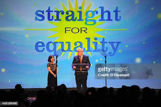 Author Marsha Aizumi and EVP of Wells Fargo Tim Hanlon speak onstage at the 7th Annual PFLAG National Straight For Equality Awards Gala at The New...