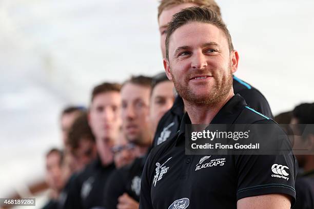 Black Caps captain Brendon McCullum and the team watch the haka during the Zealand Blackcaps Welcome Home Reception at Queen's Wharf on March 31,...