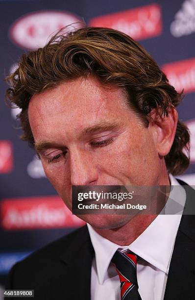 Bombers head coach James Hird gets emotional as he speaks to media at Essendon Bombers headquarters after Essendon players were found not guilty from...