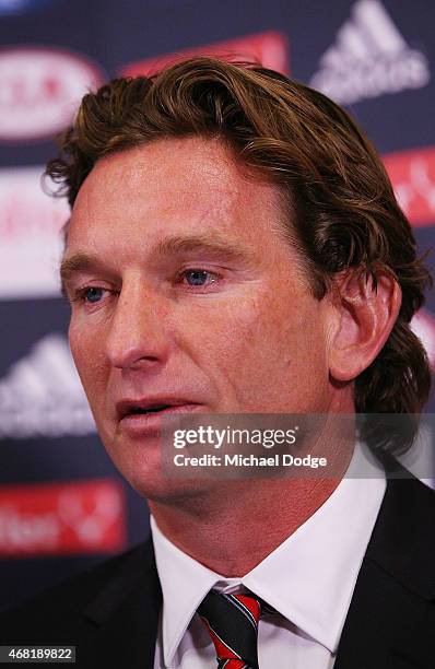 Bombers head coach James Hird gets emotional as he speaks to media at Essendon Bombers headquarters after Essendon players were found not guilty from...