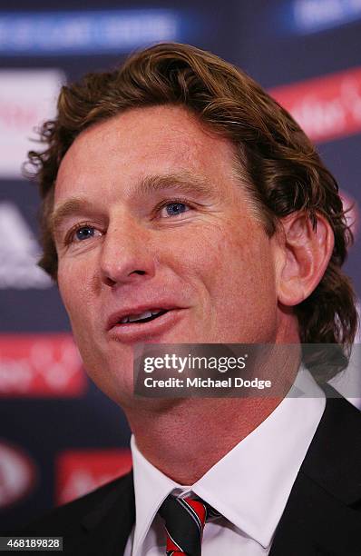 Bombers head coach James Hird speaks to media at Essendon Bombers headquarters after Essendon players were found not guilty from the AFL's...