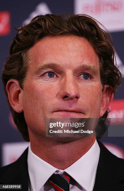 Bombers head coach James Hird speaks to media at Essendon Bombers headquarters after Essendon players were found not guilty from the AFL's...