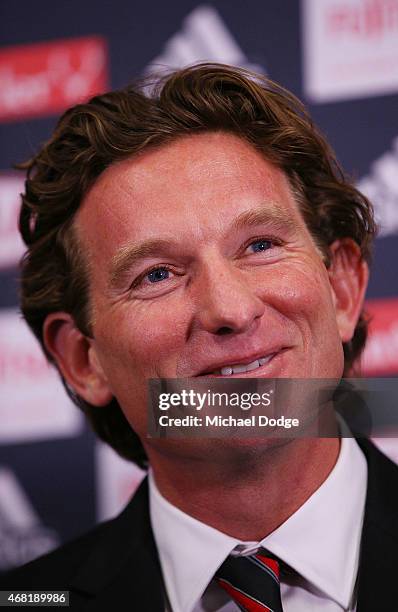 Bombers head coach James Hird reacts when speaking to media at Essendon Bombers headquarters after Essendon players were found not guilty from the...