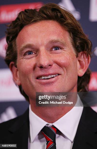 Bombers head coach James Hird reacts when speaking to media at Essendon Bombers headquarters after Essendon players were found not guilty from the...