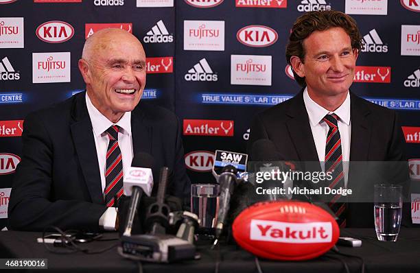 Bombers Chairman Paul Little and head coach James Hird react when speaking to media at Essendon Bombers headquarters after Essendon players were...