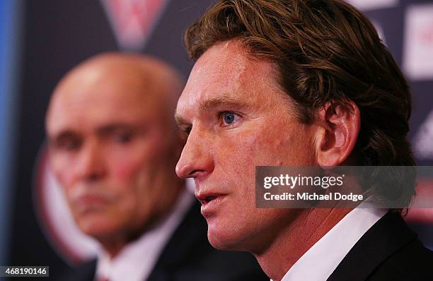 Bombers Chairman Paul Little and head coach James Hird speak to media at Essendon Bombers headquarters after Essendon players were found not guilty...