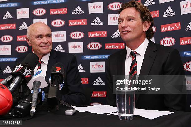 Bombers Chairman Paul Little and head coach James Hird speak to media at Essendon Bombers headquarters after Essendon players were found not guilty...