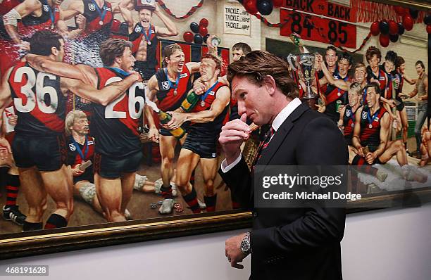 Bombers head coach James Hird walks past a painting dedicated to the 1984 and 1985 premiership teams before his press conference at Essendon Bombers...