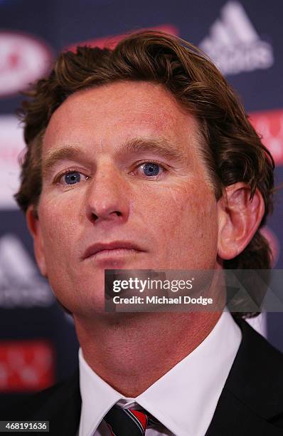 Bombers head coach James Hird looks reflective during his media conference at Essendon Bombers headquarters after Essendon players were found not...