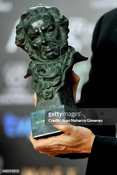 Spanish director David Trueba holds his award for best director and best film in the film 'Vivir Es Facil Con Los Ojos Cerrados' during the 2014...
