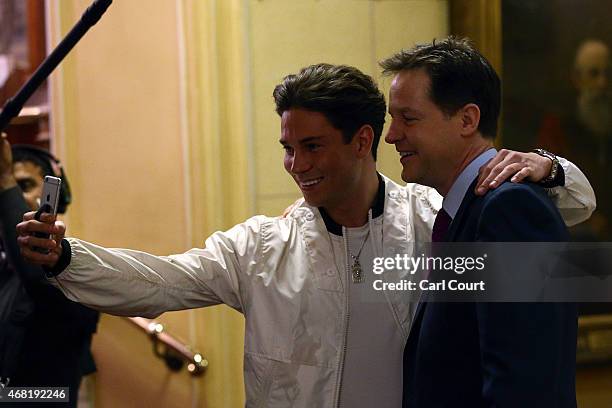 Nick Clegg , the leader of the Liberal Democrat party has a selfie photograph taken with reality television star Joey Essex after announcing the...