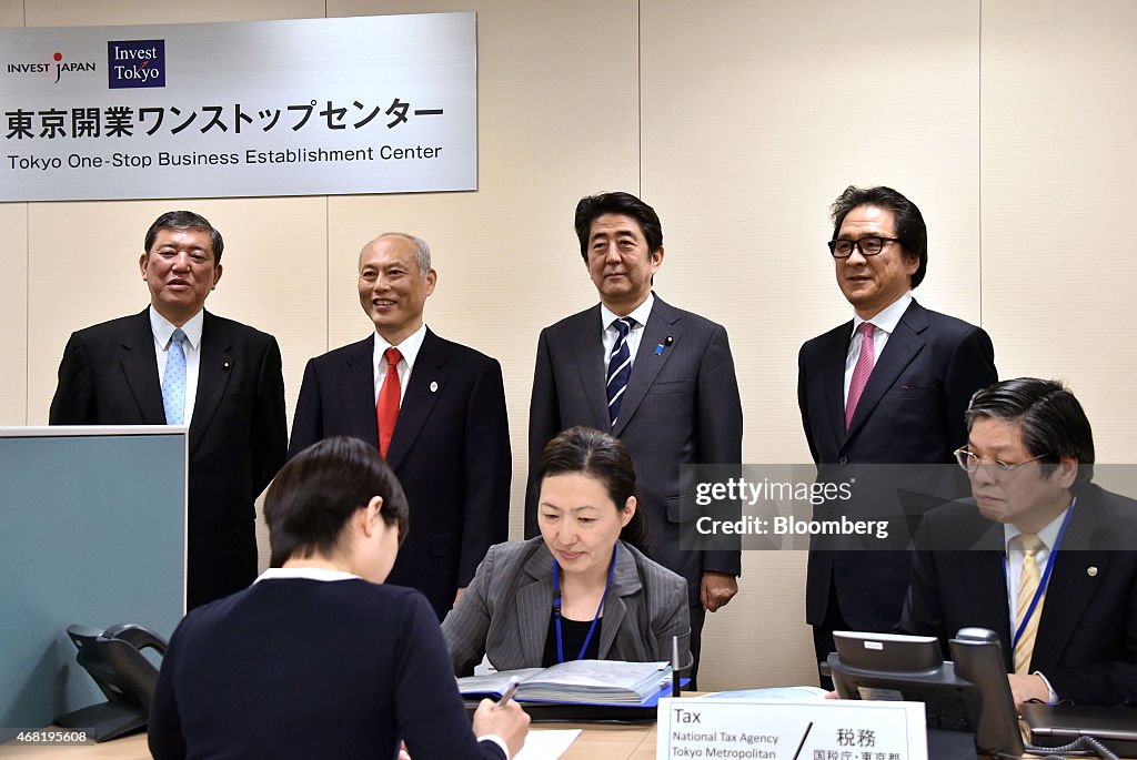 Japan's Prime Minister Shinzo Abe Attends Opening Of Tokyo One-Stop Business Establishment Center