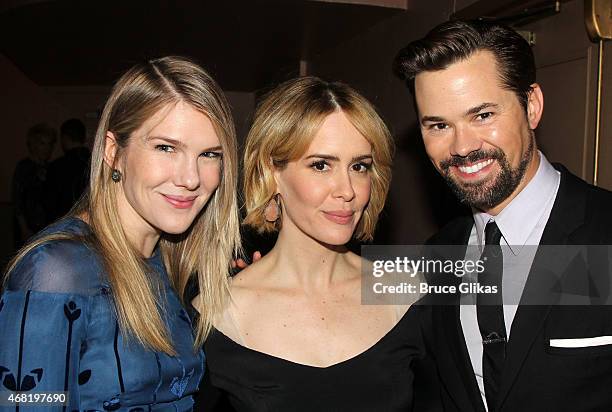 Lily Rabe, Sarah Paulson and Andrew Rannells pose at the 2015 MCC Theater Miscast Gala honoring Sarah Paulson & Fran Weissler at The Hammerstein...