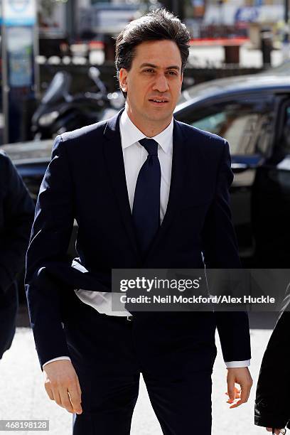 Ed Miliband seen arriving at the Magic Radio Studios on March 31, 2015 in London, England.