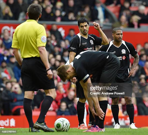 Luis Suarez during the Liverpool All Star Charity Match at Anfield on March 29, 2015 in Liverpool, England.