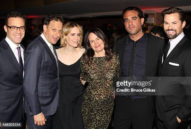 Matthew Rauch, Josh Charles, Sarah Paulson, Elizabeth Reaser, Bobby Cannavale and Andrew Rannells pose at the 2015 MCC Theater Miscast Gala honoring...