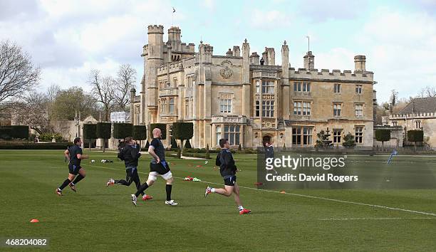 The Bath team warm up during the Bath training session held at Farleigh House on March 31, 2015 in Bath, England.