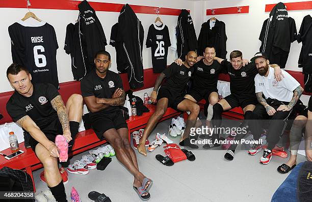 Thierry Henry, John Terry, Steven Gerrard and Raul Meireles in the dressing room before the Liverpool All Star Charity Match at Anfield on March 29,...