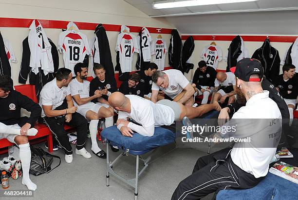 Jose Enrique, Alvaro Arbeloa, Lucas, Alberto Moreno and Pepe Reina in the dressing room before the Liverpool All Star Charity Match at Anfield on...