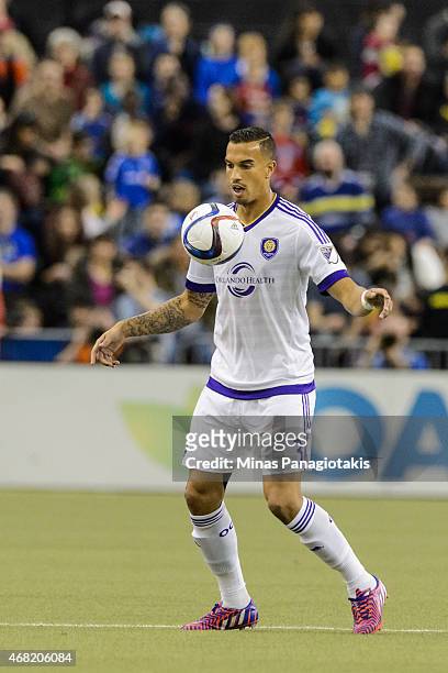 Seb Hines of the Orlando City SC controls the ball during the MLS game against the Montreal Impact at the Olympic Stadium on March 28, 2015 in...