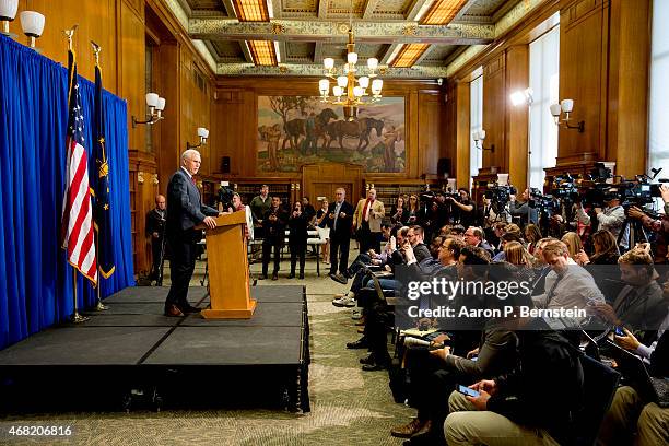 Governor Mike Pence of Indiana holds a press conference March 31, 2015 at the Indiana State Library in Indianapolis, Indiana. Pence spoke about the...