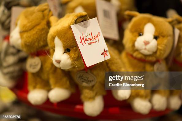 A Hamleys logo hangs from the ear of a children's soft toy animal for ...