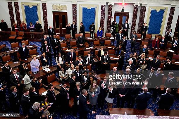 President Barack Obama makes remarks talk during an opening ceremony for a life-size replica of the Senate Chamber that was part of the dedication...