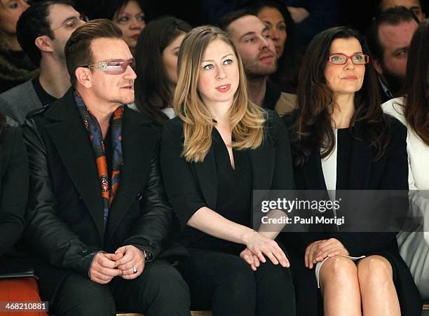 Activist and U2 frontman Bono , Chelsea Clinton and Edun founder Ali Hewson attend the Edun show during Mercedes-Benz Fashion Week Fall 2014 at...