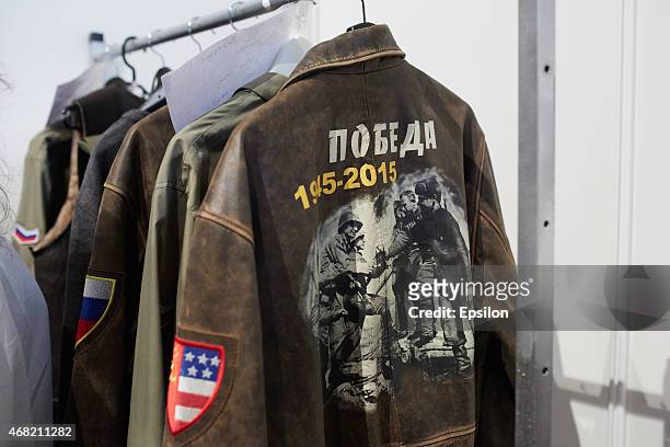 Clothes are displayed backstage before the Special Collection by Russian Army Design Bureau show during the Mercedes-Benz Fashion Week Russia...