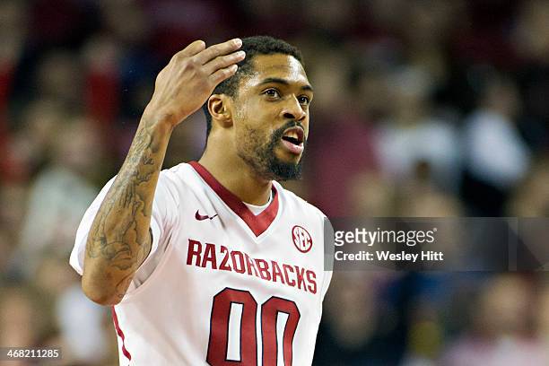 Rashad Madden of the Arkansas Razorbacks celebrates after making a shot during a game against the Missouri Tigers at Bud Walton Arena on January 28,...