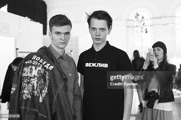 Models pose backstage before the Special Collection by Russian Army Design Bureau fashion show during the Mercedes-Benz Fashion Week Russia...