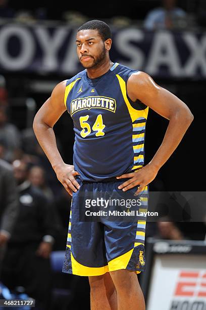 Davante Gardner of the Marquette Golden Eagles looks on during a college basketball game against the Georgetown Hoyas on January 20, 2014 at the...