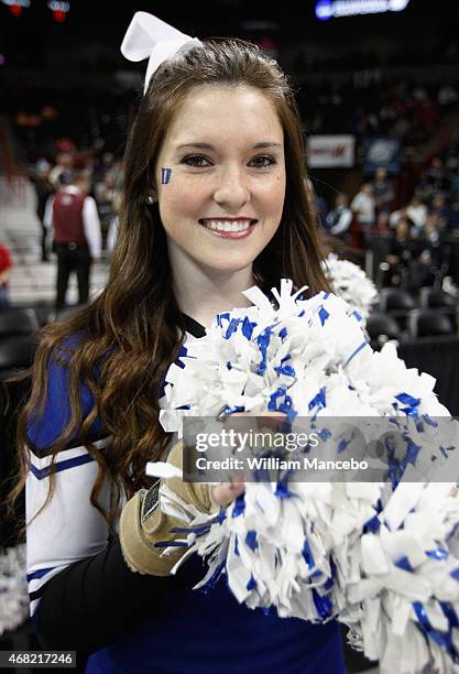 Cheerleader for the Duke Blue Devils performs during the game against the Maryland Terrapins in the third round of the 2015 NCAA Division I Women's...