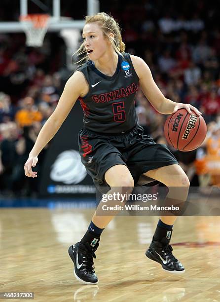 Georgia Stirton of the Gonzaga Bulldogs controls the ball against the Tennessee Lady Vols during the third round of the 2015 NCAA Division I Women's...