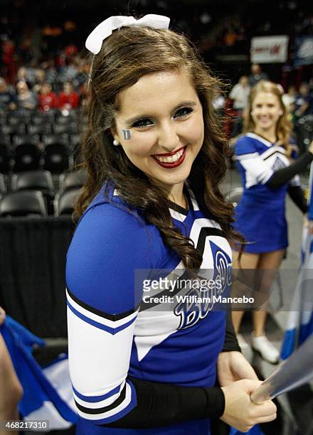 Cheerleader for the Duke Blue Devils performs during the game against the Maryland Terrapins in the third round of the 2015 NCAA Division I Women's...