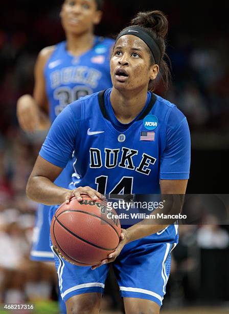 Ka'lia Johnson of the Duke Blue Devils takes a free throw against the Maryland Terrapins during the third round of the 2015 NCAA Division I Women's...