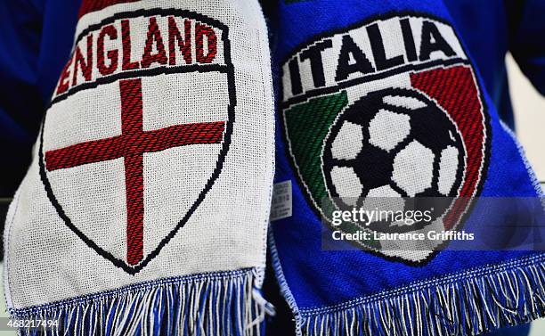 Detailed view of a friendship scarf is seen prior to the international friendly match between Italy and England at the Juventus Arena on March 31,...