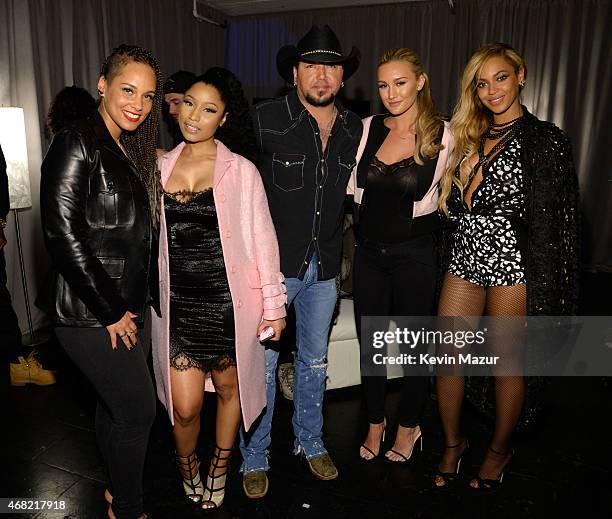 Alicia Keys, Nicki Minaj, Jason Aldean, Brittany Kerr and Beyonce attend the Tidal launch event #TIDALforALL at Skylight at Moynihan Station on March...