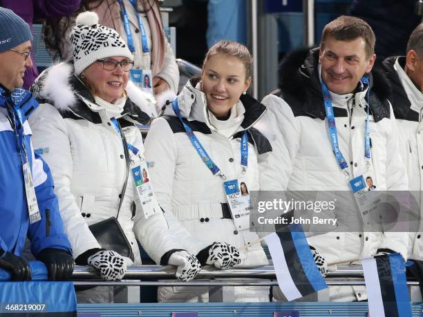 President of Estonia Andrus Ansip with his wife Anu Ansip and his daughter Liisa Ansip attend the Biathlon Women's 7.5 km Sprint during day two of...