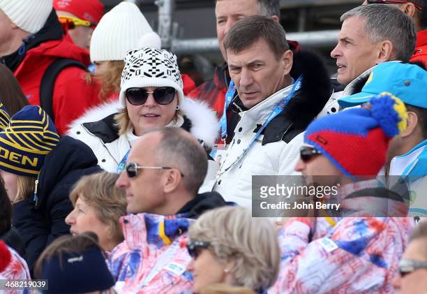 President of Estonia Andrus Ansip and his wife Anu Ansip attend the Men's Skiathlon 15 km Classic + 15 km Free during day two of the Sochi 2014...