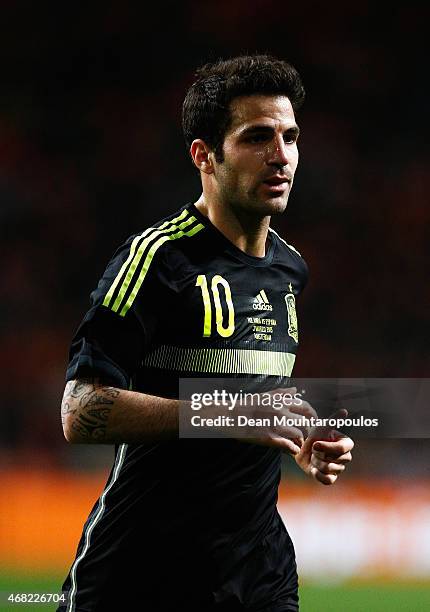 Cesc Fabregas of Spain looks on during the international friendly match between the Netherlands and Spain held at Amsterdam Arena on March 31, 2015...